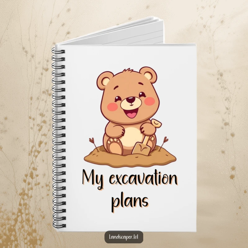 Cheerful bear with a big grin digging a hole using a tiny shovel, inspiring adventure and creativity in this notebook.