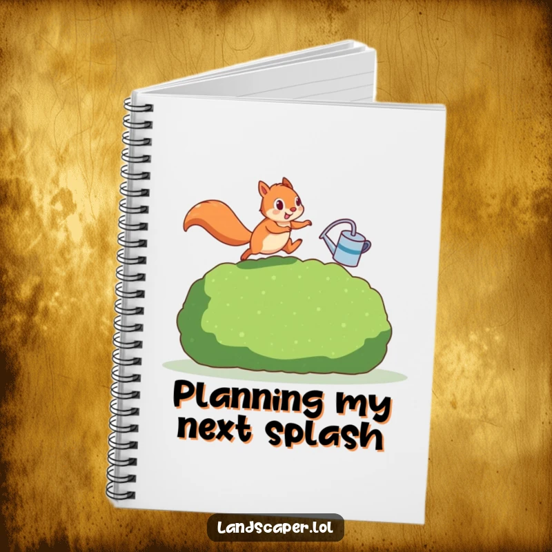 Funny squirrel in mid-air with a watering can, leaping a hedge. This notebook encourages jotting down thoughts with a humorous, active vibe.