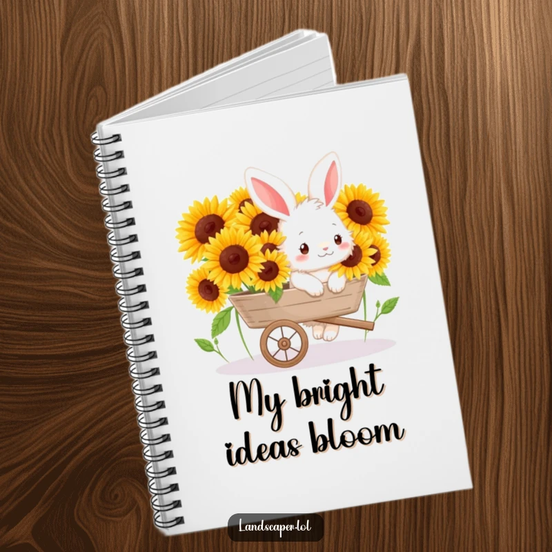 Funny notebook with a happy bunny pushing a wheelbarrow full of sunflowers, perfect for jotting down ideas with garden charm.