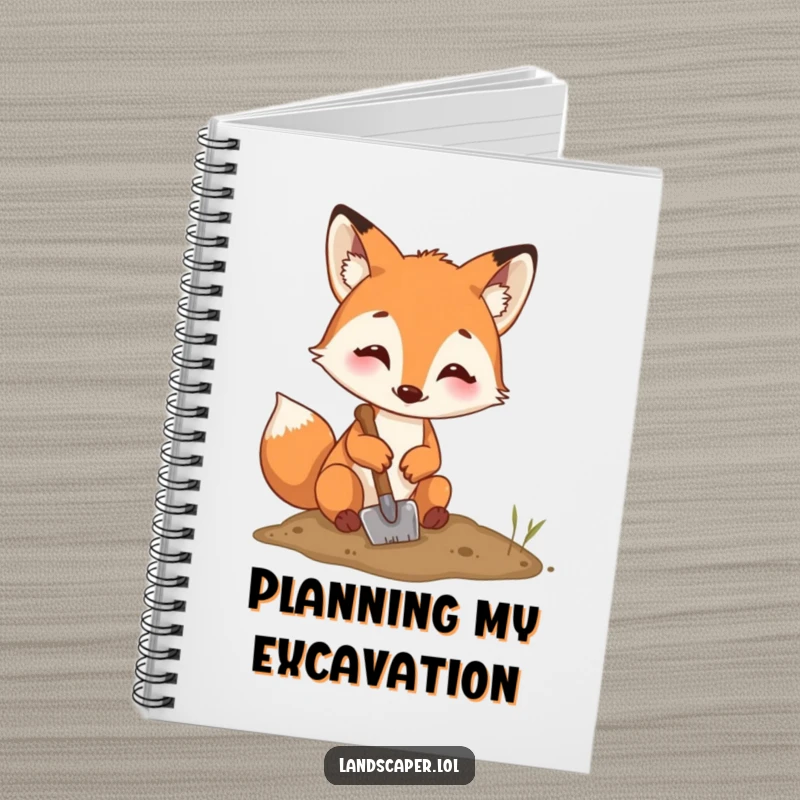 Funny fox digging notebook, a determined fox with a shovel digging, a cute and humorous journal for all your notes.