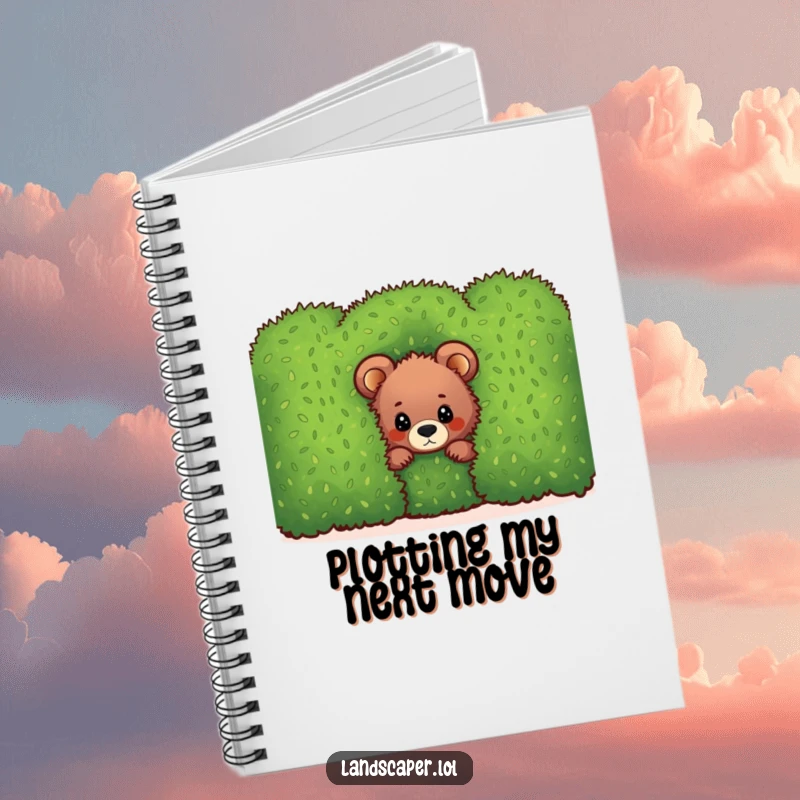 Funny bear cub notebook, peeking with curiosity from behind a neat hedge, a cute and humorous journal for notes.