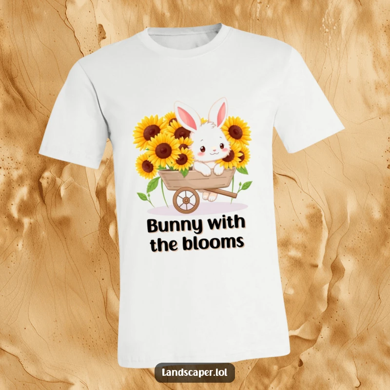 Funny t-shirt with a cheerful bunny pushing a wheelbarrow overflowing with bright sunflowers, spreading happiness.
