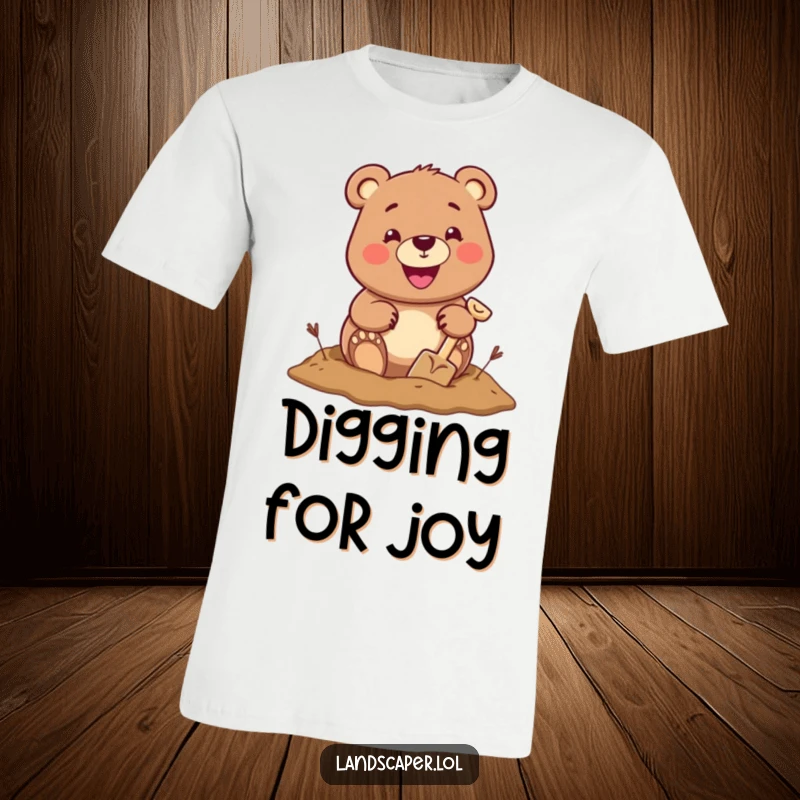 Cheerful bear with a big grin digging a hole using a miniature shovel, showcasing outdoor adventure and playful spirit.