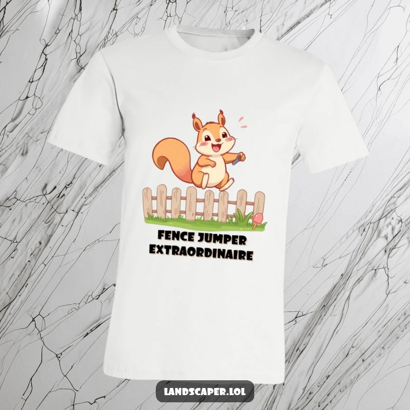 Funny t-shirt depicting a happy squirrel energetically leaping over a garden fence while holding a tiny shovel. Joyful and active.