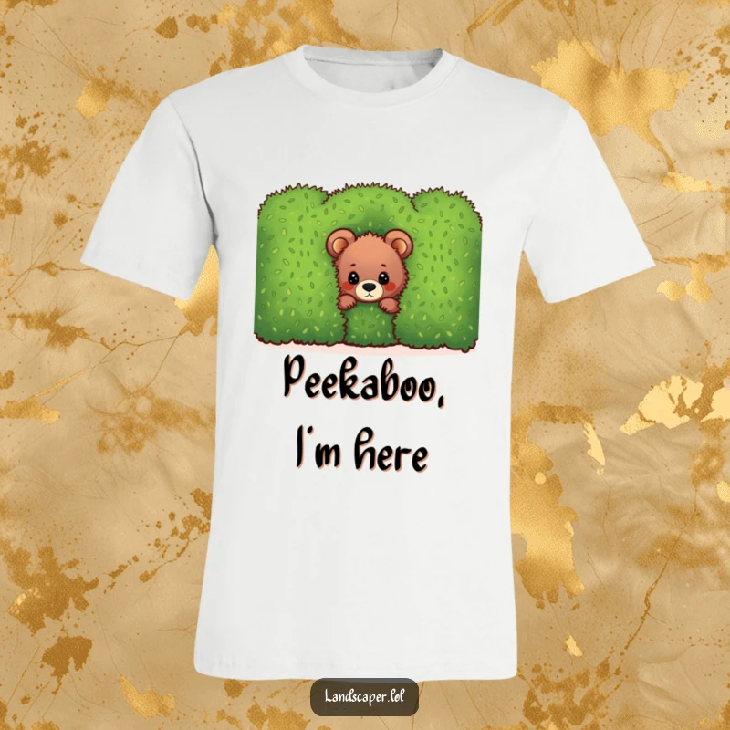 Funny bear cub t-shirt, playfully peeking over a lush green hedge, capturing a moment of adorable, lighthearted curiosity.