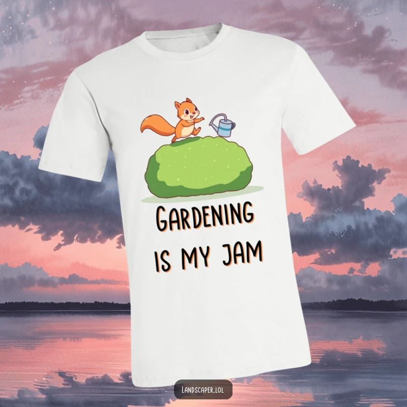Funny squirrel mid-air, watering can, jumping over a hedge. This t-shirt design is bursting with playful energy and garden humor.