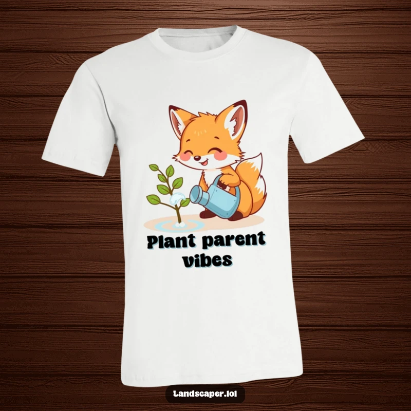 Funny t-shirt depicting a playful fox cub giggling while watering a tiny sapling with a miniature watering can. A sweet scene.
