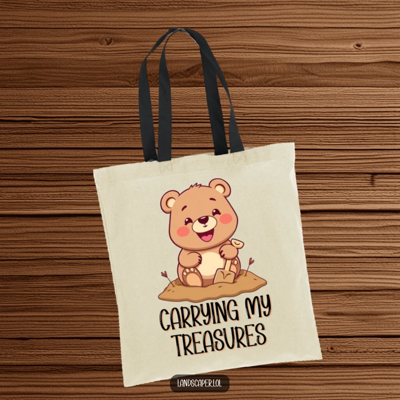 Cheerful bear with a big grin digging a hole with a tiny shovel, making this tote bag a fun and functional adventure accessory.