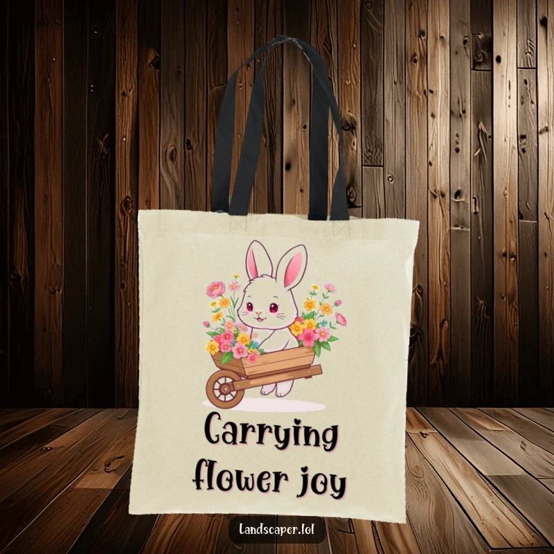Fluffy bunny pushing a wheelbarrow brimming with colorful flowers, making this tote bag a charming and functional garden accessory.