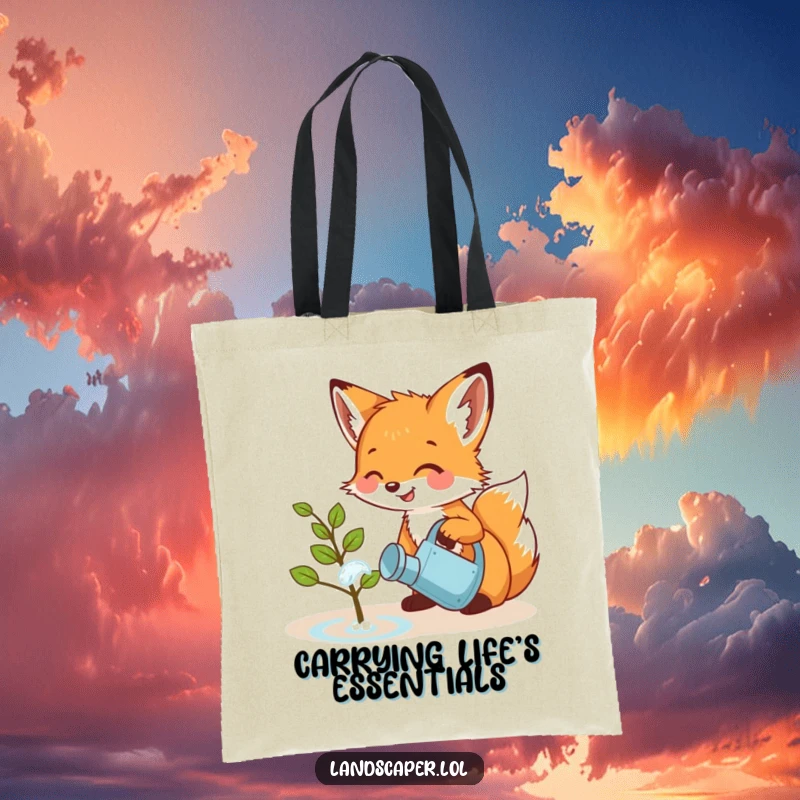 Funny tote bag showcasing a playful fox cub giggling while watering a small sapling with a miniature watering can. Adorable and eco-friendly.