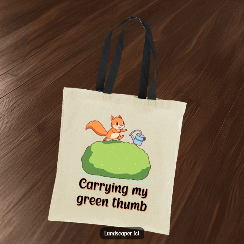 Funny squirrel swiftly leaping over a hedge with a watering can, ready for gardening. This tote bag adds humor to practical use.